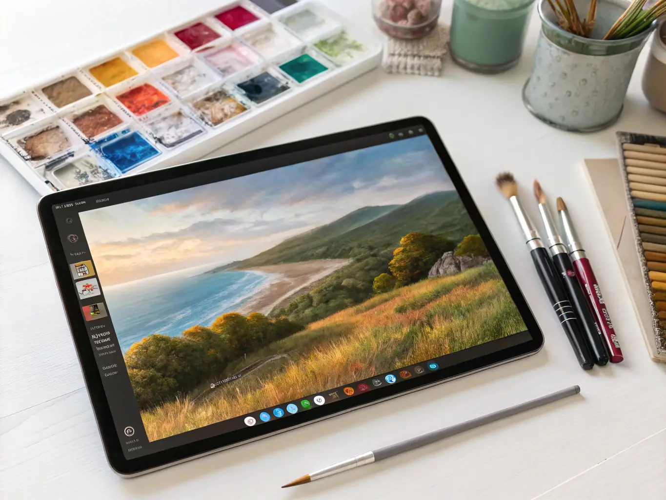 A digital painting tutorial interface displayed on a tablet, showcasing step-by-step instructions for creating a vibrant South African landscape.