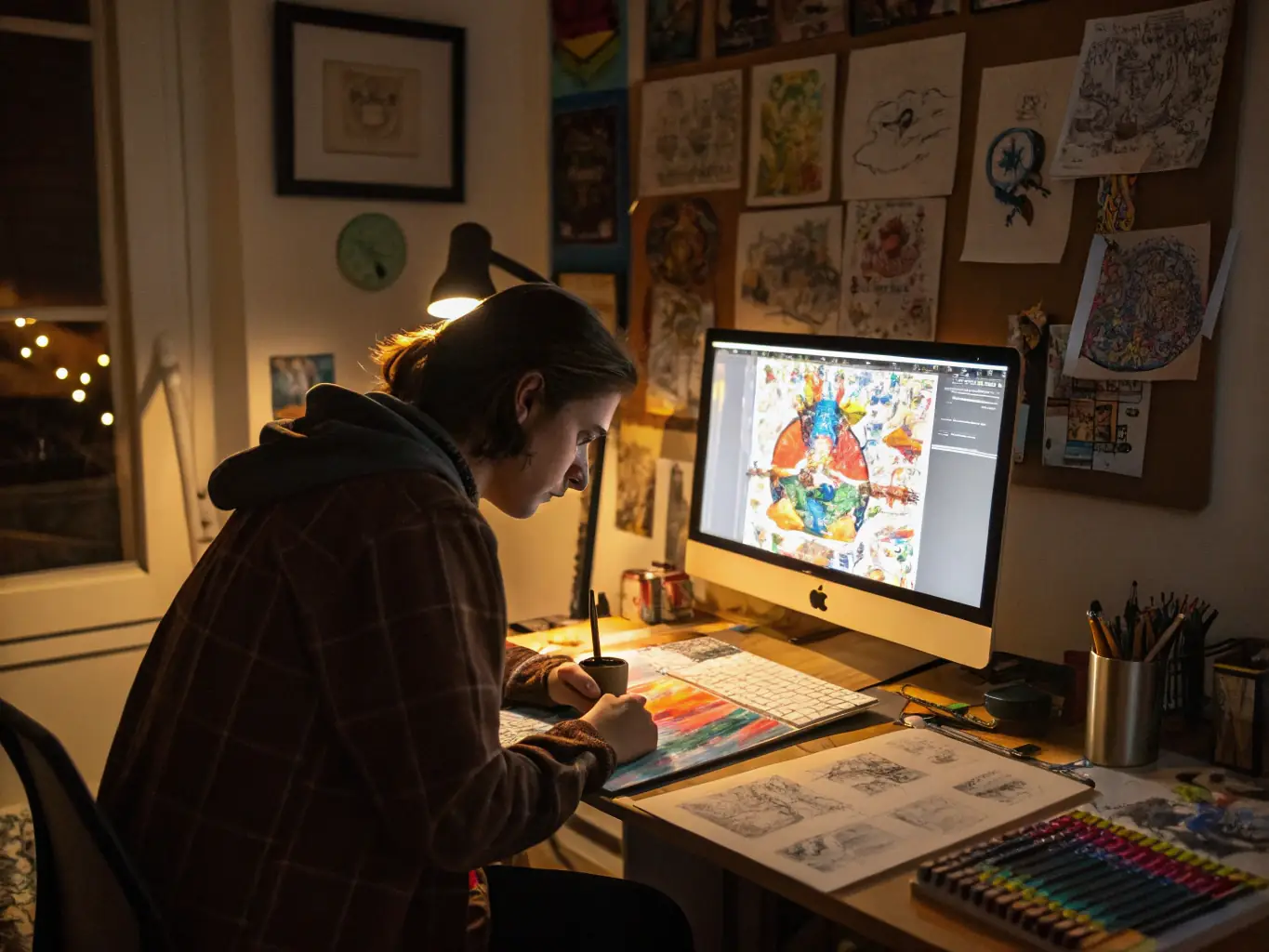 An image of a digital artist using a drawing tablet to create a detailed illustration, with a focus on the software interface and the artist's hand movements.