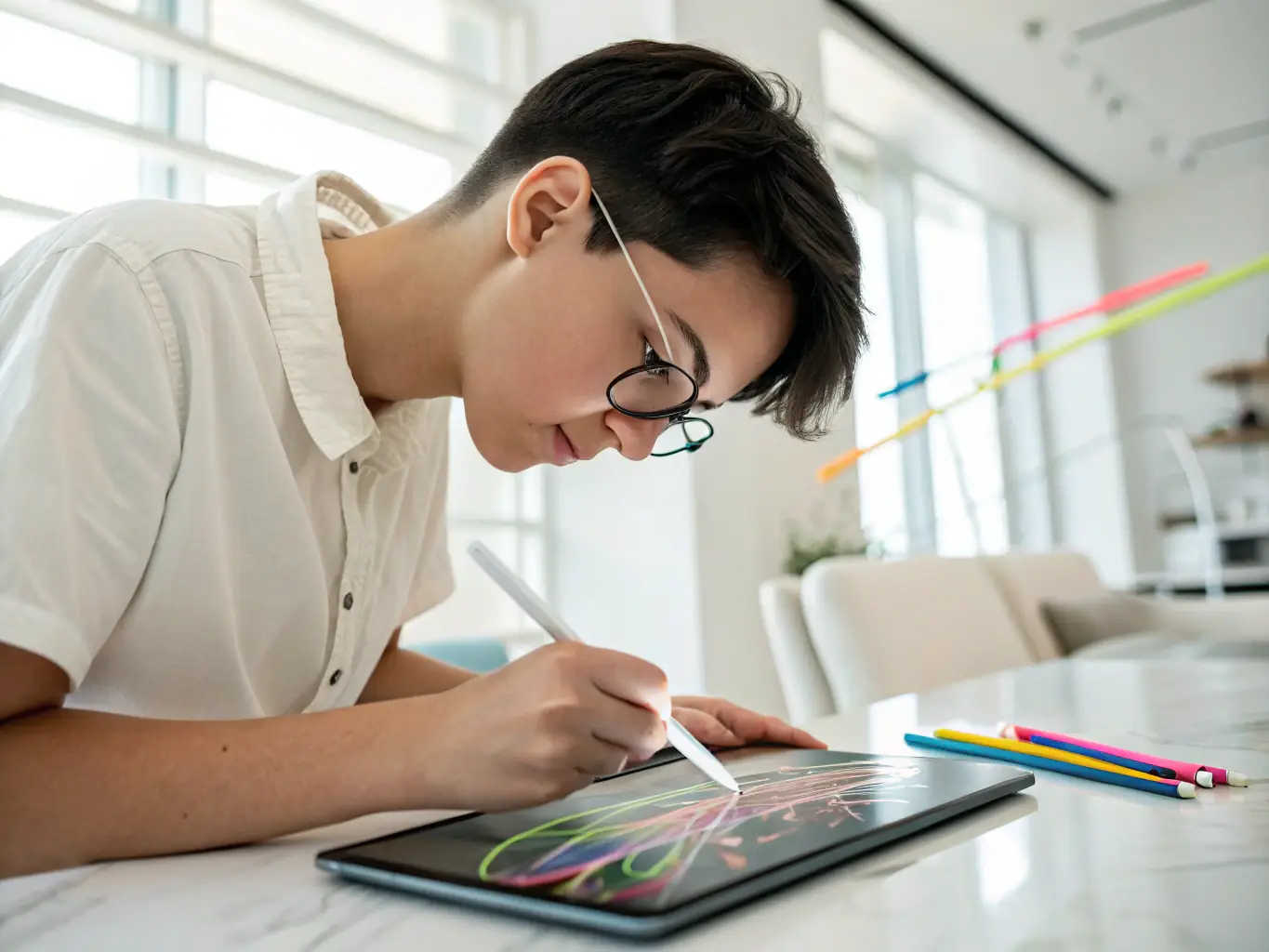 A South African artist is using a digital pen on a tablet to create vector graphics, with various vector graphics software interfaces visible on the screen. The setting is a modern, well-lit studio, emphasizing the blend of technology and artistic expression.