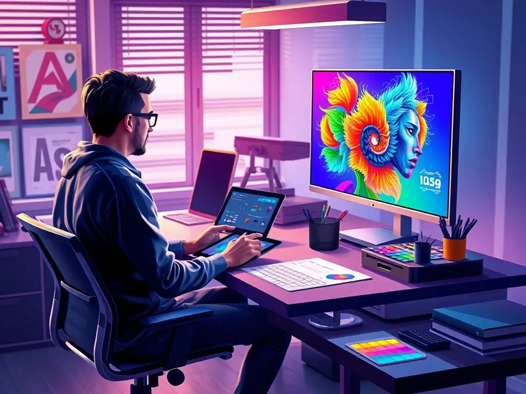 A South African digital artist is working on a vibrant digital painting using a graphics tablet and stylus, with various digital art software interfaces visible on the screen. The setting is a modern, well-lit studio, emphasizing the blend of technology and artistic expression.
