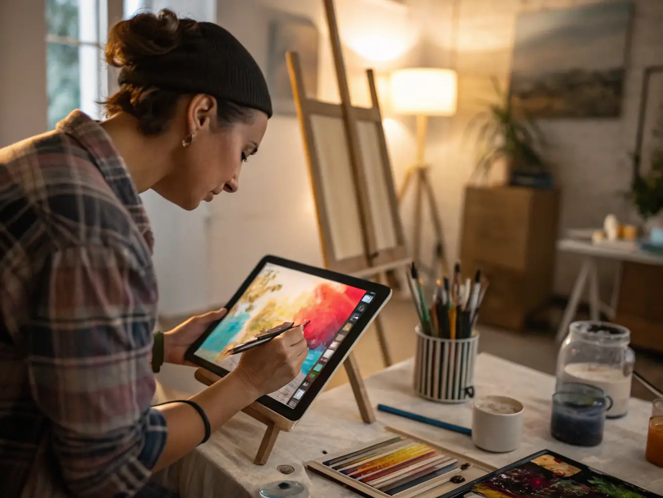 A South African artist is using a stylus on a large touch screen display to sculpt a 3D model, with various 3D modeling software tools and interfaces visible on the screen. The setting is a modern, well-lit studio, emphasizing the blend of technology and artistic expression.